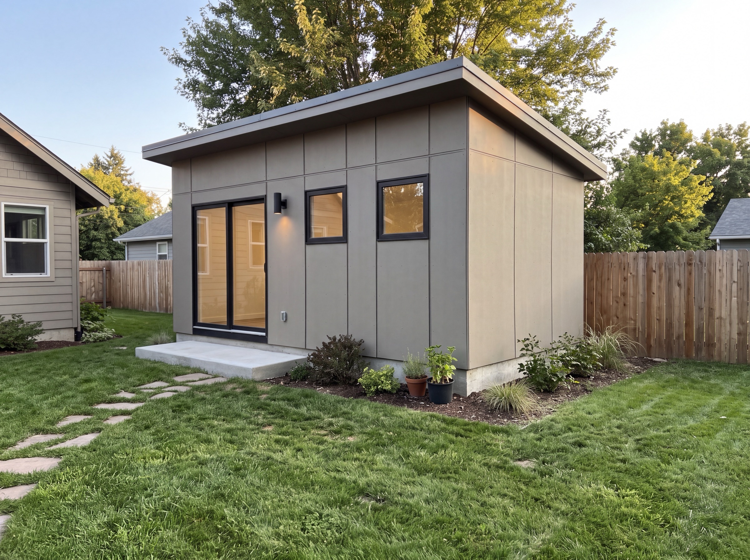 Composited: the same ADU in a residential backyard
