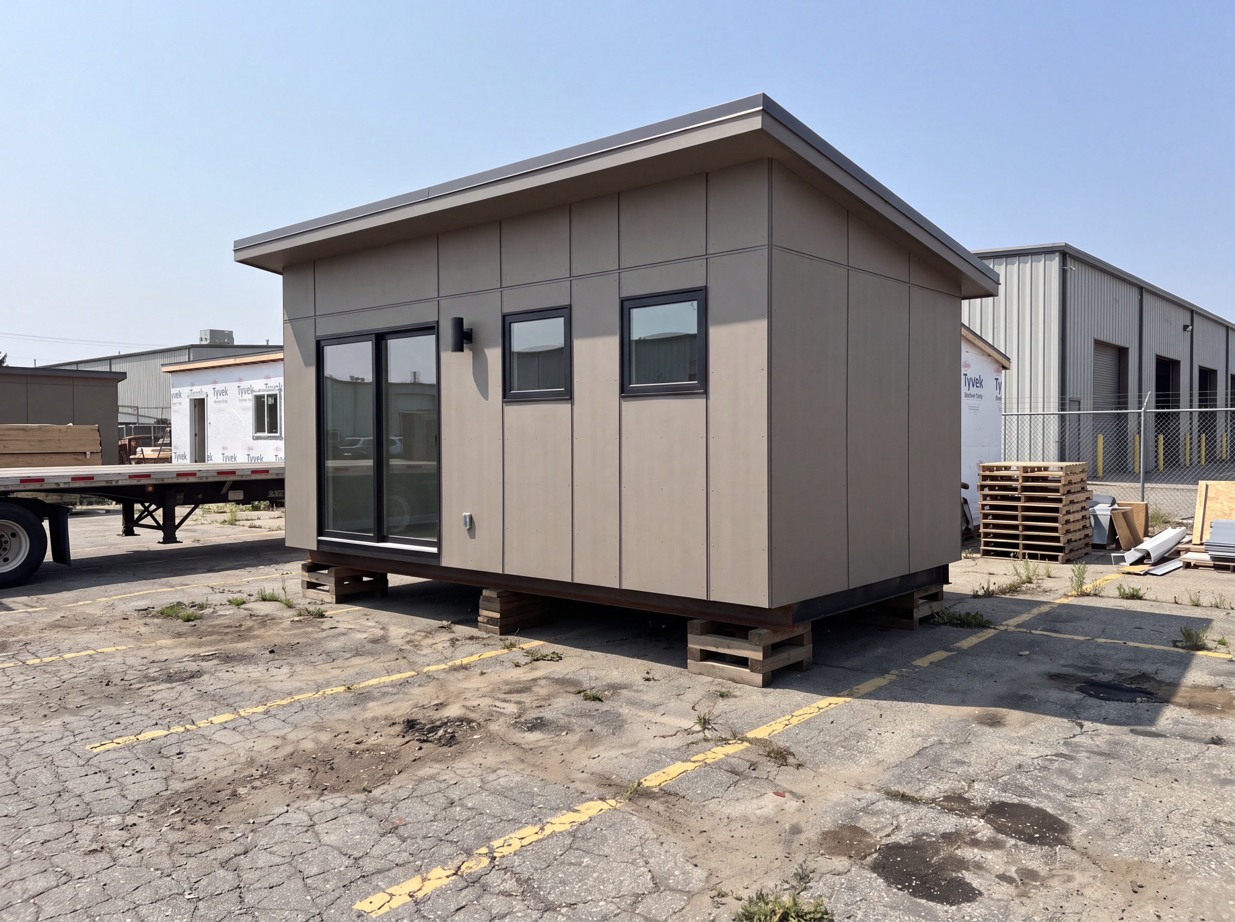Original photo: prefab ADU in a staging yard