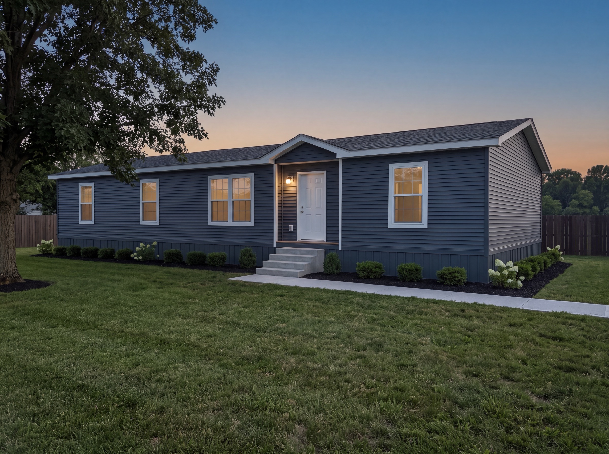 A dark slate-blue manufactured home composited into a landscaped suburban lot at dusk