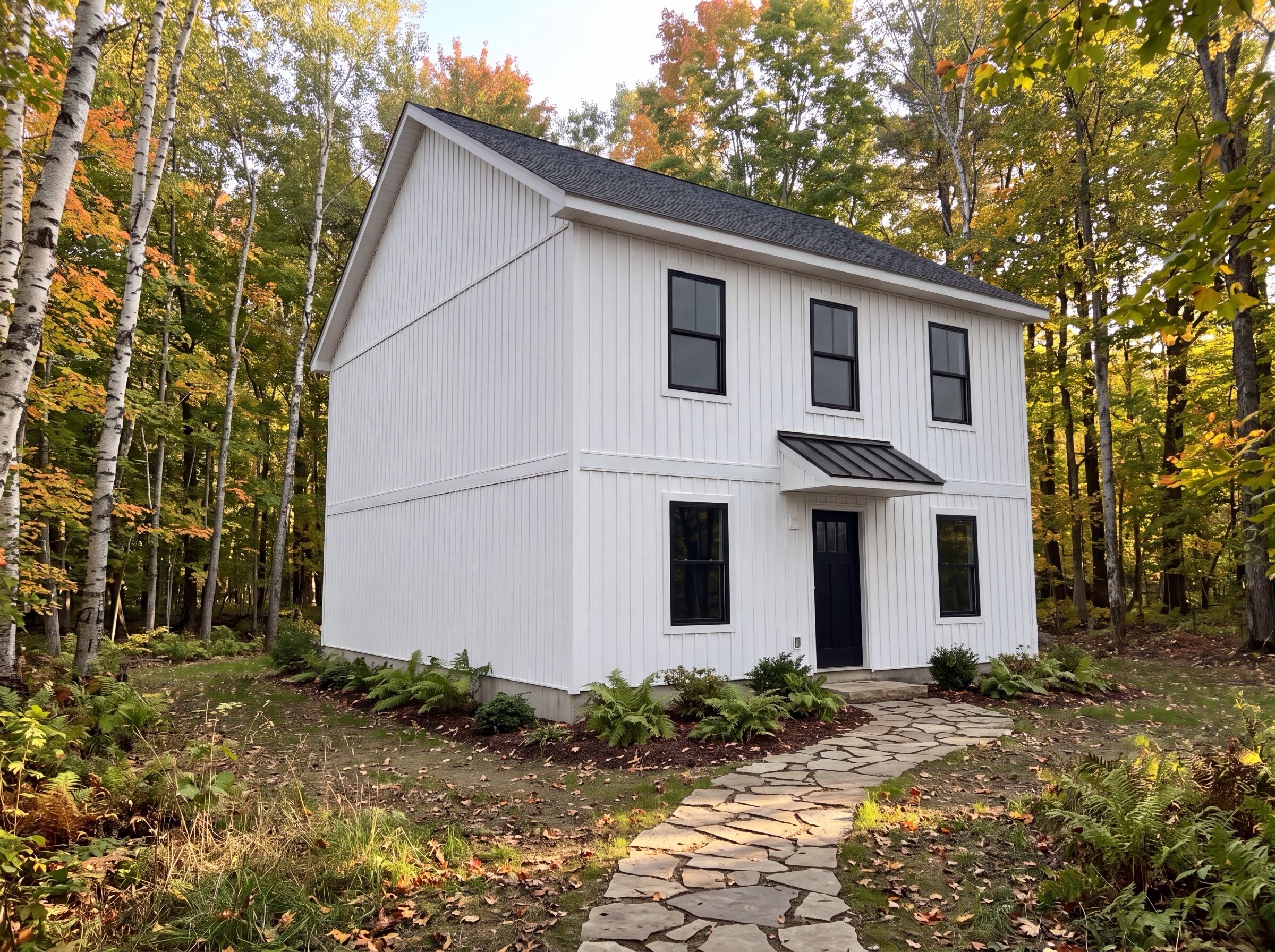 Composited: the same two-story modular home on a wooded homesite