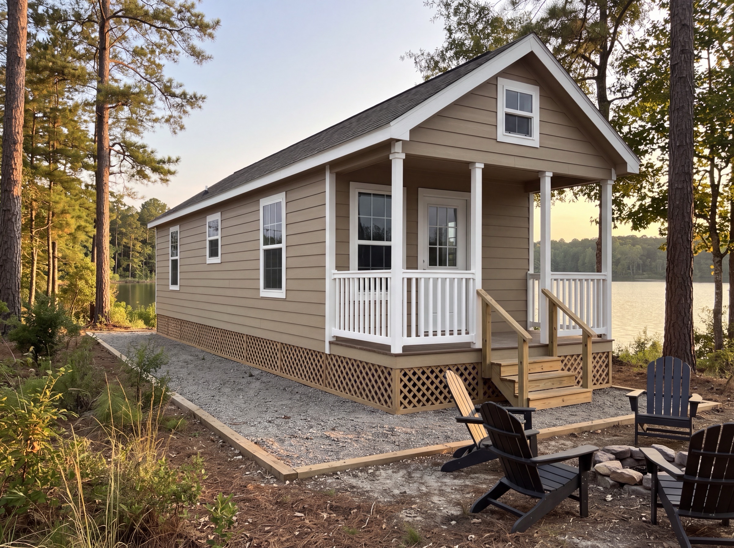 Composited: the same park model home at a lakeside resort site